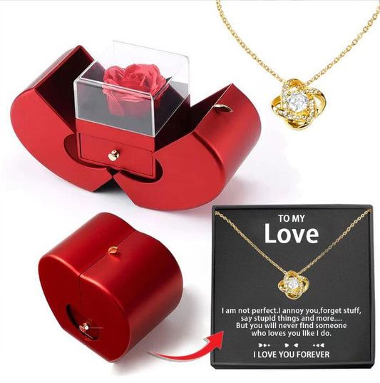 Red Apple shape Box Gift Necklace with Cubic Zirconia Eternal Rose For her With Artificial Flower Rose